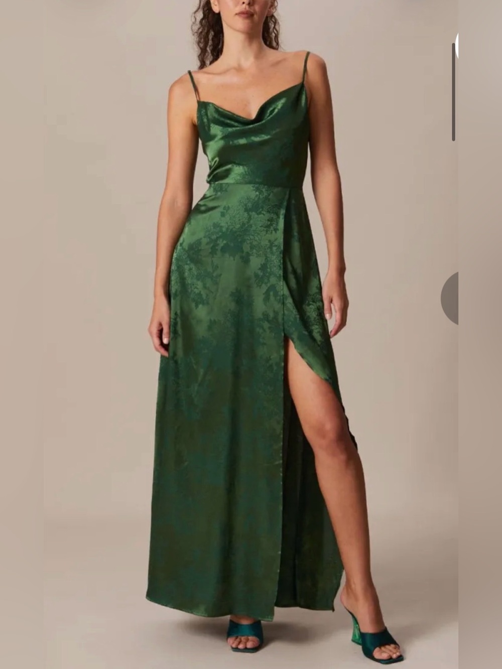 RIHOAS Green Cowl Neck Jacquard Flower Satin Maxi Sleeveless Dress Large